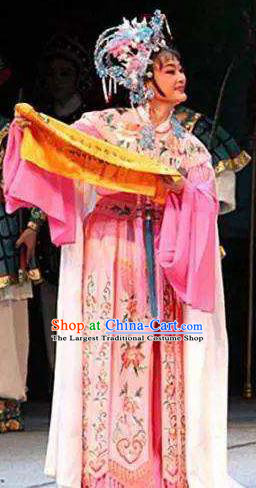 Chinese Shaoxing Opera Actress Apparels Princess Liu Jinding Dress and Headdress San Kan Yu Mei Yue Opera Hua Tan Garment Costumes