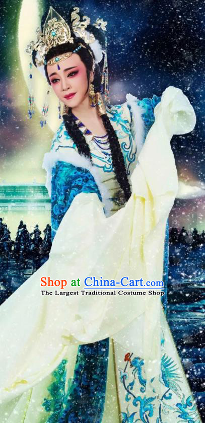 Chinese Shaoxing Opera Actress Dress Costumes and Headdress The Desolate Palace of Liao Yue Opera Hua Tan Queen Xiao Guanyin Garment Apparels