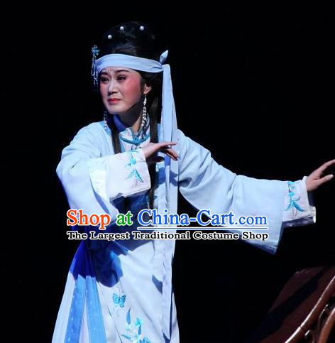 Chinese Shaoxing Opera Distress Maiden Feng Jie Costumes and Headdress Yue Opera Noble Consort You Erjie Dress Young Female Garment Apparels