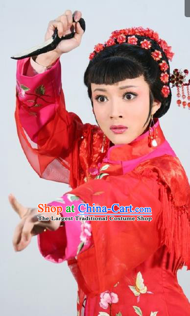 Chinese Shaoxing Opera Bride Wedding Costumes and Headpieces Ban Ba Jan Dao Yue Opera Hua Tan Young Lady Red Dress Garment Apparels