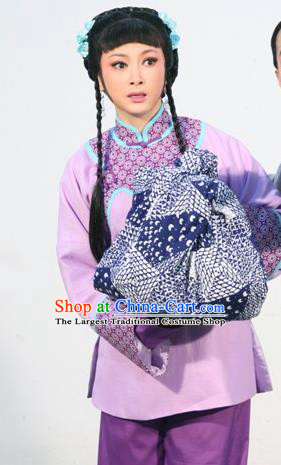 Chinese Shaoxing Opera Xiao Dan Costumes and Hair Accessories Ban Ba Jan Dao Yue Opera Young Lady Dress Garment Servant Girl Purple Apparels