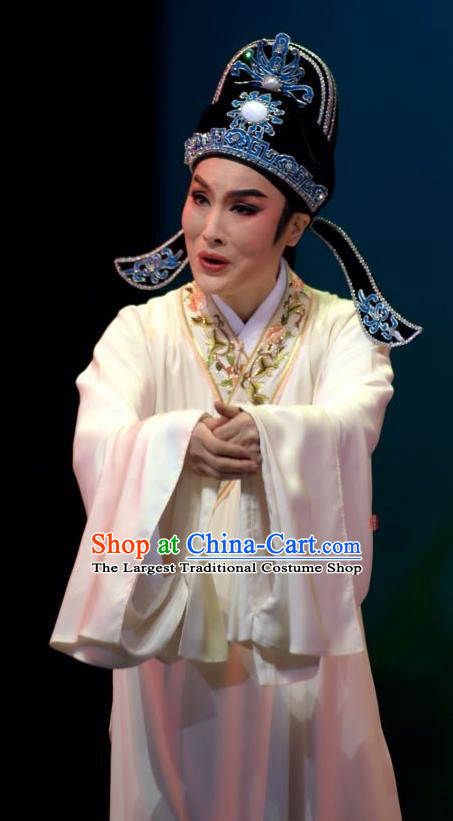 Lions Roar Chinese Yue Opera Young Male Costumes and Headwear Shaoxing Opera Scholar Chen Zao Garment Apparels White Robe