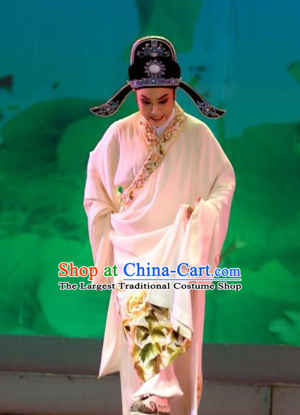 Lions Roar Chinese Yue Opera Young Male Costumes and Headwear Shaoxing Opera Scholar Chen Zao Garment Apparels White Robe