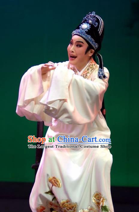 Lions Roar Chinese Yue Opera Young Male Costumes and Headwear Shaoxing Opera Scholar Chen Zao Garment Apparels White Robe