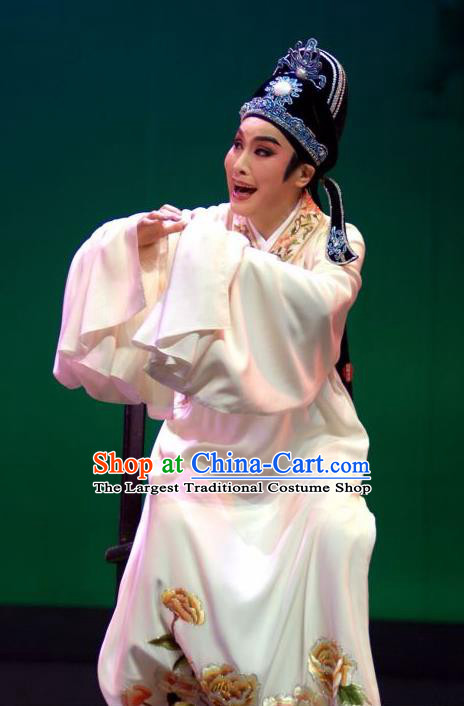 Lions Roar Chinese Yue Opera Young Male Costumes and Headwear Shaoxing Opera Scholar Chen Zao Garment Apparels White Robe