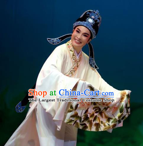 Lions Roar Chinese Yue Opera Young Male Costumes and Headwear Shaoxing Opera Scholar Chen Zao Garment Apparels White Robe