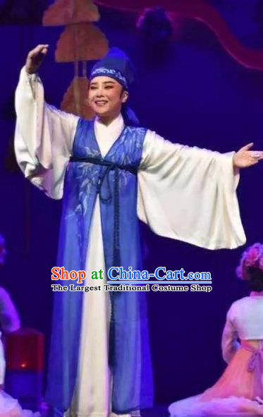 Chinese Yue Opera Chunh Yang Young Male Costumes and Headwear Shaoxing Opera Scholar Li Menglong Garment Apparels Blue Robe