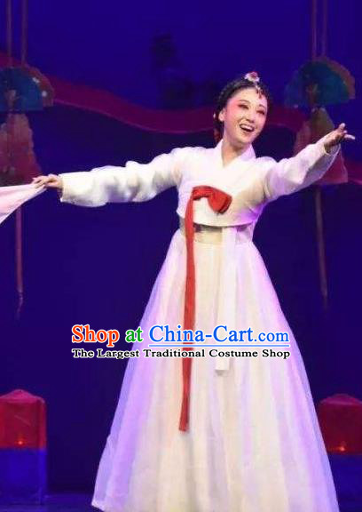 Chinese Shaoxing Opera Hua Tan Chun Xiang White Hanbok Apparels and Headdress Chunh Yang Yue Opera Geisha Dress Costumes Korean Garment