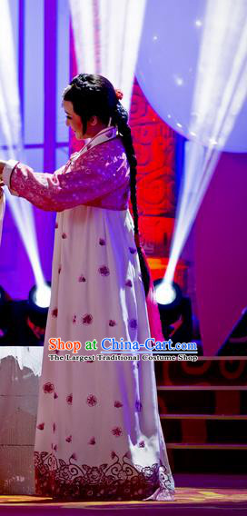 Chinese Shaoxing Opera Young Female Chun Xiang White Hanbok Apparels and Headpiece Chunh Yang Yue Opera Geisha Dress Korean Garment Costumes