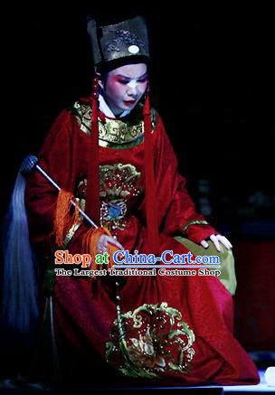 Liu Yong Chinese Yue Opera Figurant Chou Role Garment and Hat Shaoxing Opera Eunuch Costumes Red Robe Apparels