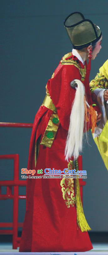 Liu Yong Chinese Yue Opera Figurant Chou Role Garment and Hat Shaoxing Opera Eunuch Costumes Red Robe Apparels