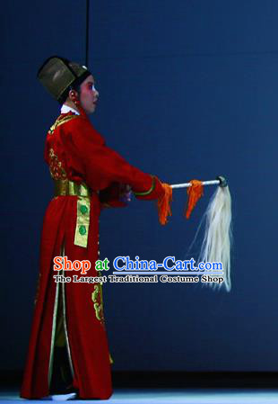Liu Yong Chinese Yue Opera Figurant Chou Role Garment and Hat Shaoxing Opera Eunuch Costumes Red Robe Apparels