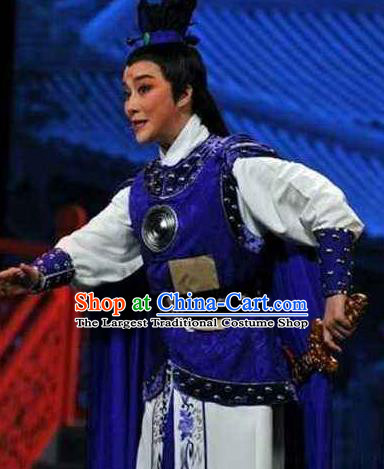 Chinese Yue Opera Wusheng Armor Apparels and Headwear From Love to Patriotism Deliver the Messenger Shaoxing Opera Takefu Young Male Garment Costumes