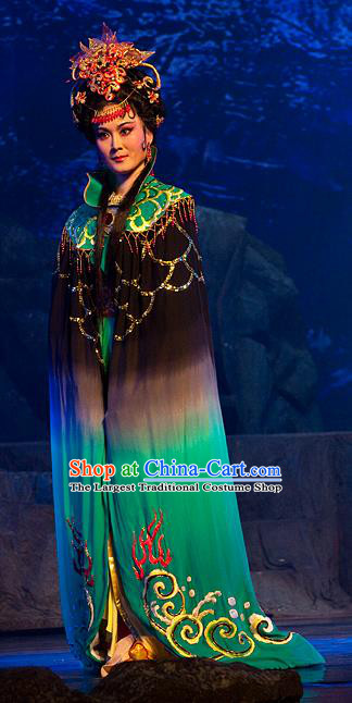 Chinese Shaoxing Opera Dragon Princess Green Costumes and Headpieces Yue Opera Hua Tan Hai Ming Zhu Actress Apparels Garment Dress