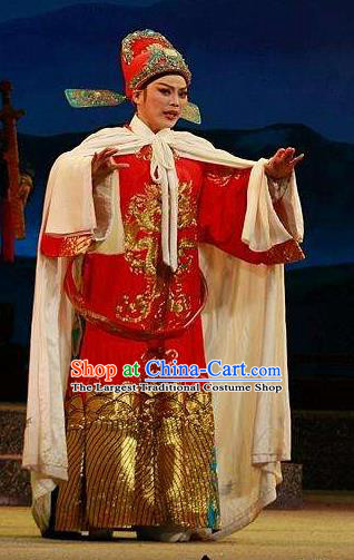 Chinese Yue Opera Scholar Red Embroidered Robe Costumes and Hat Xun An Zhan Fu Shaoxing Opera Xiaosheng Young Male Xu Qing Apparels Garment