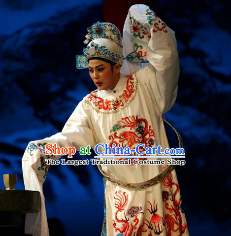 Chinese Yue Opera Young Male White Embroidered Robe Costumes and Hat Xun An Zhan Fu Shaoxing Opera Xiaosheng Scholar Apparels Official Xu Qing Garment