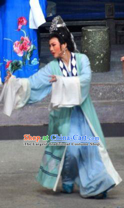 Chinese Shaoxing Opera Hua Tan Blue Dress and Headdress Xun An Zhan Fu Yue Opera Taoist Nun Li Yuesu Garment Apparels Costumes