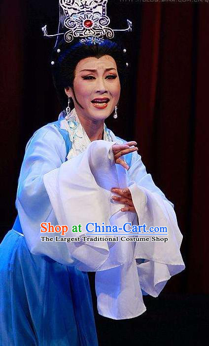 Chinese Shaoxing Opera Hua Tan Blue Dress and Headdress Xun An Zhan Fu Yue Opera Taoist Nun Li Yuesu Garment Apparels Costumes