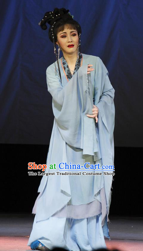 Chinese Shaoxing Opera Actress Blue Dress and Headpieces The Princess Messenger Farewell at Lakeside Yue Opera Hua Tan Garment Apparels Dragon Girl Costumes