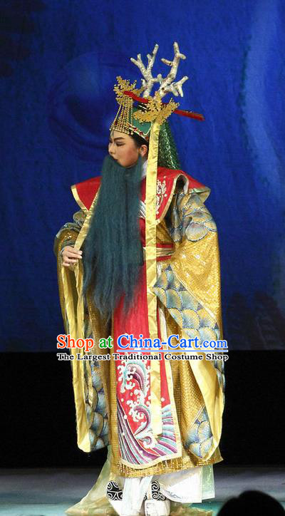 Chinese Yue Opera Dragon King Dongting Apparels Costumes and Headwear The Princess Messenger Farewell at Lakeside Shaoxing Opera Elderly Male Garment