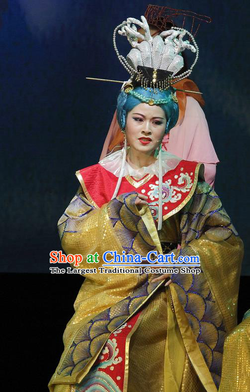 Chinese Shaoxing Opera Dragon Queen Dress and Headdress The Princess Messenger Farewell at Lakeside Yue Opera Elderly Female Garment Apparels Costumes
