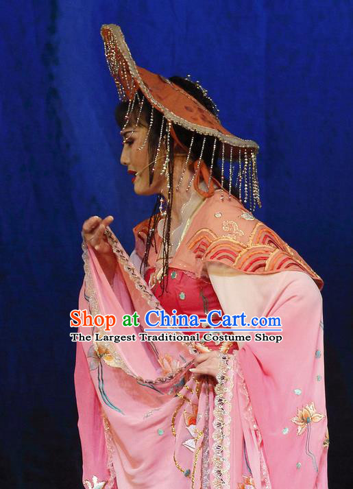 Chinese Shaoxing Opera Actress Pink Dress Apparels Costumes and Tassel Hat The Princess Messenger Farewell at Lakeside Yue Opera Hua Tan Dragon Princess San Niang Garment