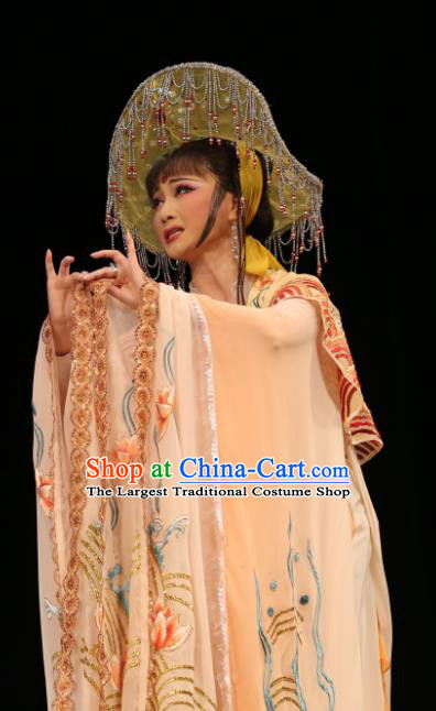 Chinese Shaoxing Opera Fisher Maiden Dress Costumes and Hat The Princess Messenger Farewell at Lakeside Yue Opera Hua Tan San Niang Apparels Garment