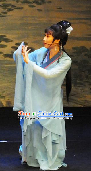 Chinese Shaoxing Opera Young Lady Blue Dress Costumes and Hair Accessories The Princess Messenger Farewell at Lakeside Yue Opera Hua Tan Garment Apparels