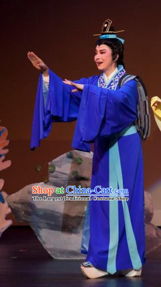 Chinese Yue Opera Young Man Scholar Liu Yi Apparels Costumes and Headwear The Princess Messenger Farewell at Lakeside Shaoxing Opera Xiaosheng Blue Robe Garment