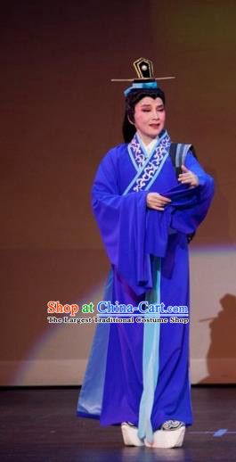 Chinese Yue Opera Young Man Scholar Liu Yi Apparels Costumes and Headwear The Princess Messenger Farewell at Lakeside Shaoxing Opera Xiaosheng Blue Robe Garment