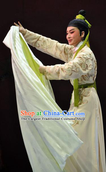 Chinese Yue Opera Scholar Poet Liu Yong Garment and Headwear Shaoxing Opera Xiao Sheng Costumes Apparels Young Man Robe Clothing