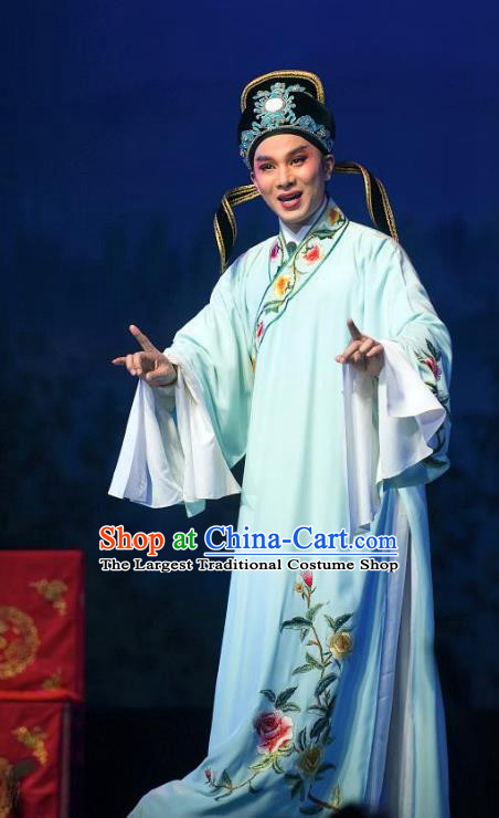 Zhuang Yuan Da Geng Chinese Yue Opera Scholar Shen Wensu Robe Garment and Headwear Shaoxing Opera Xiao Sheng Young Male Costumes Apparels