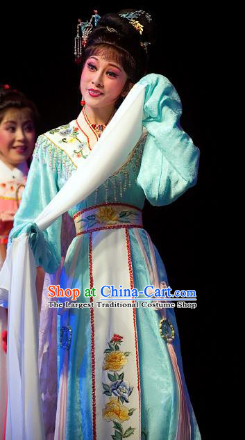 Chinese Shaoxing Opera Hua Tan Blue Dress Garment and Hair Jewelry Yue Opera Zhuang Yuan Da Geng Young Female Liu Chanjin Costumes Actress Apparels