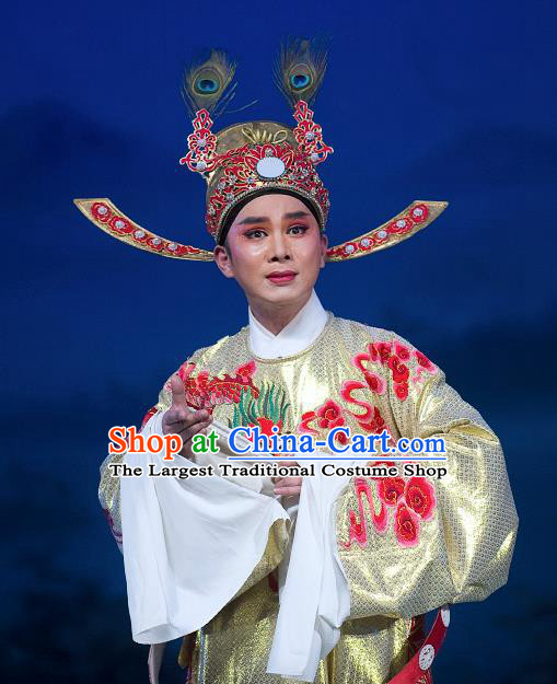 Zhuang Yuan Da Geng Chinese Yue Opera Number One Scholar Garment and Headwear Shaoxing Opera Xiaosheng Costumes Apparels Embroidered Robe