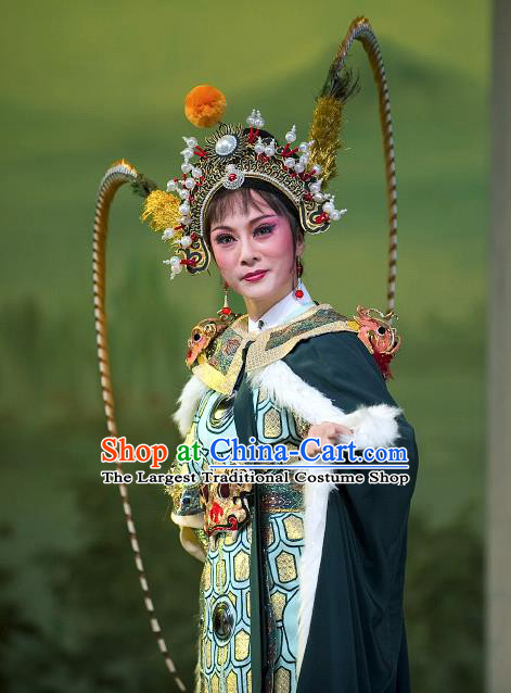 Chinese Shaoxing Opera Blues Dress Garment and Headpieces Yue Opera Zhuang Yuan Da Geng Martial Female Liu Chanjin Apparels Tao Ma Tan Armor Costumes