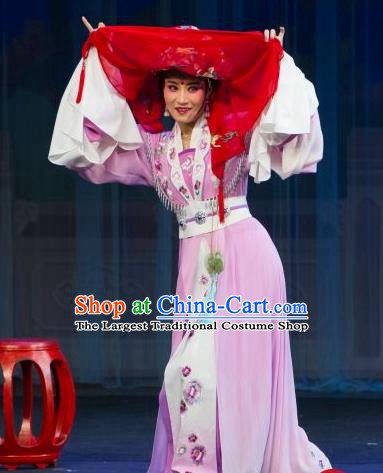 Chinese Shaoxing Opera Rich Female Yuan Yuli Lilac Dress Costumes and Headwear Tao Li Mei Yue Opera Huadan Female Role Garment Apparels