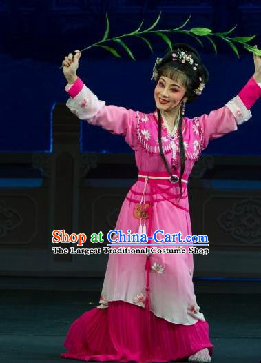 Chinese Shaoxing Opera Hua Tan Yuan Yumei Rosy Dress Garment and Headpiece Tao Li Mei Yue Opera Actress Apparels Young Female Costumes