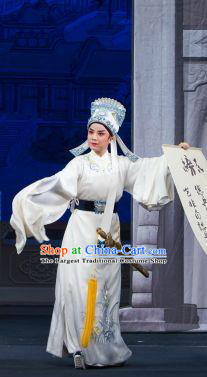 Li Mei Yue Chinese Yue Opera Young Man Scholar White Robe Apparels Costumes and Headwear Shaoxing Opera Xiaosheng Hong Xueqin Garment