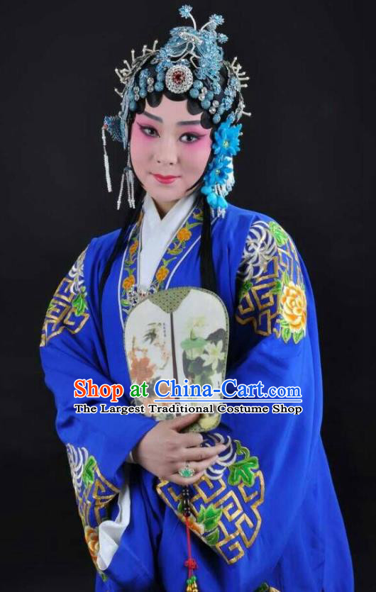 Chinese Shaoxing Opera Hua Tan Blue Cape Costumes and Headdress Tao Li Mei Yue Opera Actress Apparels Young Lady Dress Garment