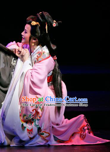 Chinese Shaoxing Opera Hua Tan Pink Dress Garment Costumes and Headpieces Han Feizi Yue Opera Actress Princess Ning Yang Apparels