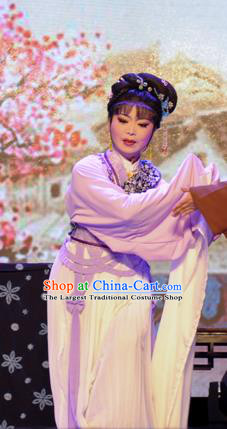 Chinese Shaoxing Opera Young Female Dress Costumes and Headdress He Wenxiu Yue Opera Hua Tan Wan Lanying Garment Apparels