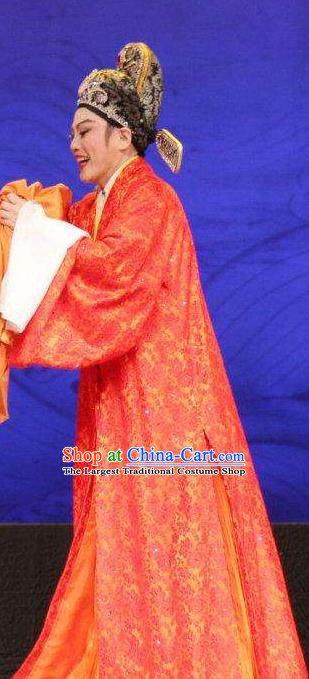 He Wenxiu Chinese Yue Opera Brodegroom Scholar Garment Apparels and Hat Shaoxing Opera Xiaosheng Young Male Wedding Costumes