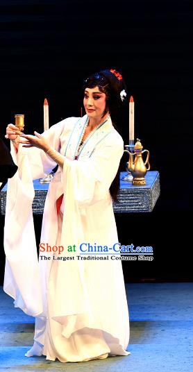 Chinese Shaoxing Opera Dan Role Garment and Headdress Wu Song Revenge Yue Opera Hua Tan Costumes Pan Jinlian White Dress Apparels