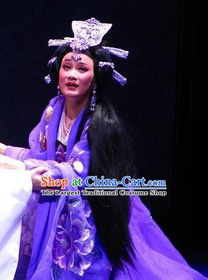 Chinese Shaoxing Opera Imperial Consort Purple Dress Garment Costumes and Headdress Butterfly Love Monk Yue Opera Hua Tan Xiang Ning Apparels