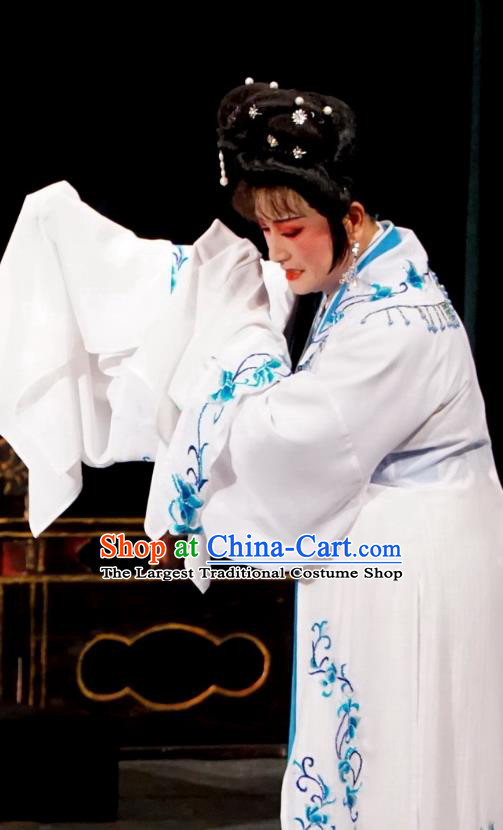 Chinese Shaoxing Opera Tsing Yi White Dress Costumes and Headpieces Golden Palace Refuse Marriage Yue Opera Distress Maiden Apparels Garment