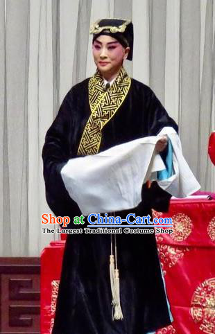 San Kan Yu Mei Chinese Ping Opera Scholar Black Costumes and Headwear Pingju Opera Xiaosheng Apparels Niche Feng Jiajin Clothing