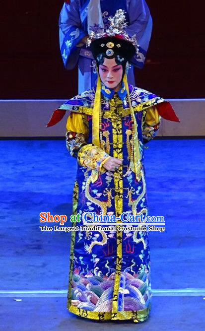 Chinese Beijing Opera Qing Dynasty Queen Mother Apparels Costumes and Headdress Nan Hai Zi Traditional Peking Opera Empress Dowager Xiaozhuang Dress Garment