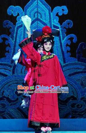 Chinese Beijing Opera Palace Lady Apparels Costumes and Headdress Nan Hai Zi Traditional Peking Opera Qing Dynasty Court Maid Red Dress Garment