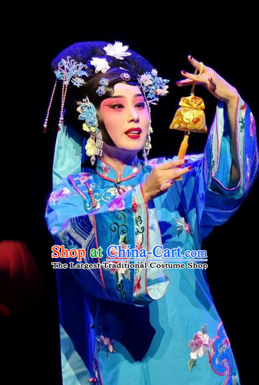 Chinese Beijing Opera Young Female Apparels Costumes and Headdress Nan Hai Zi Traditional Peking Opera Qing Dynasty Imperial Consort Blue Dress Garment