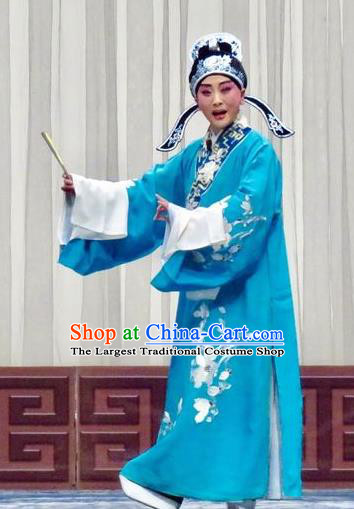 San Kan Yu Mei Chinese Ping Opera Childe Feng Jiajin Costumes and Headwear Pingju Opera Scholar Blue Robe Apparels Clothing